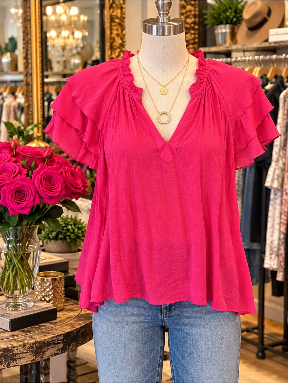 Nanette Lapore Ruffled Flutter Sleeve Top Hot Pink